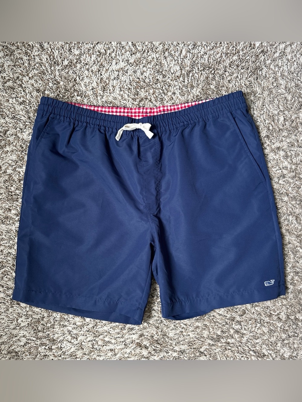 Vineyard Vines Navy Swim Trunks with Red-Checked Waist Lining